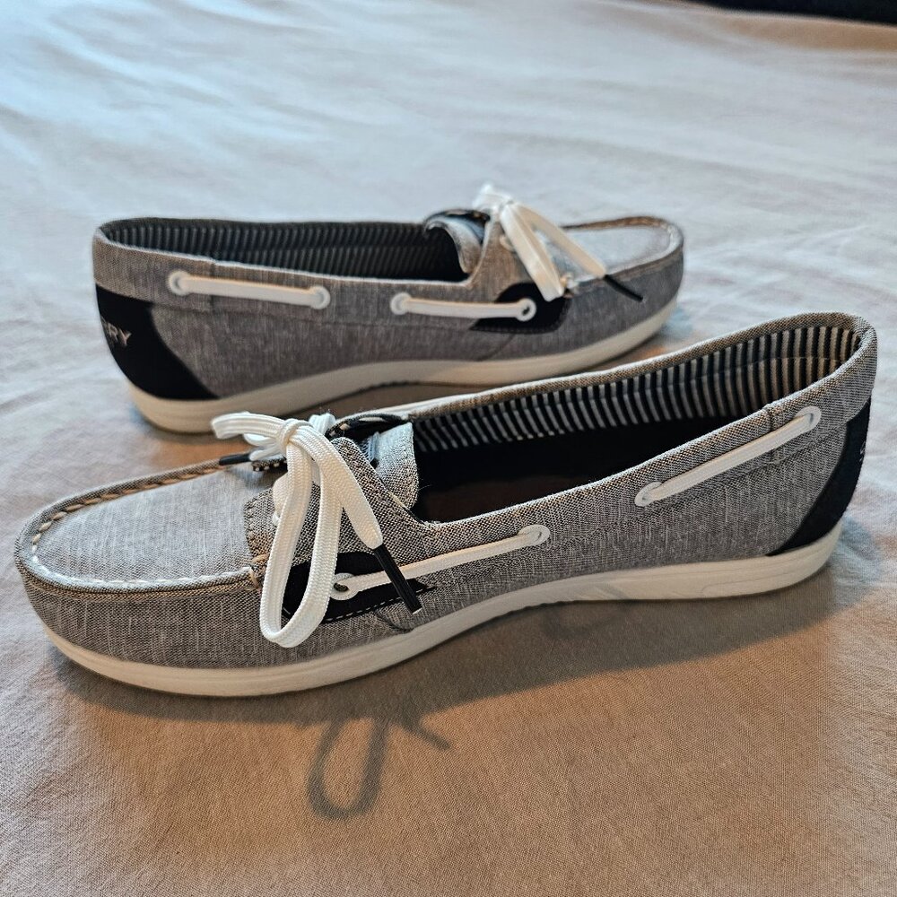 Sperry Grey, Navy & White Top-Sider Canvas Boat Shoes, Loafers - Like New